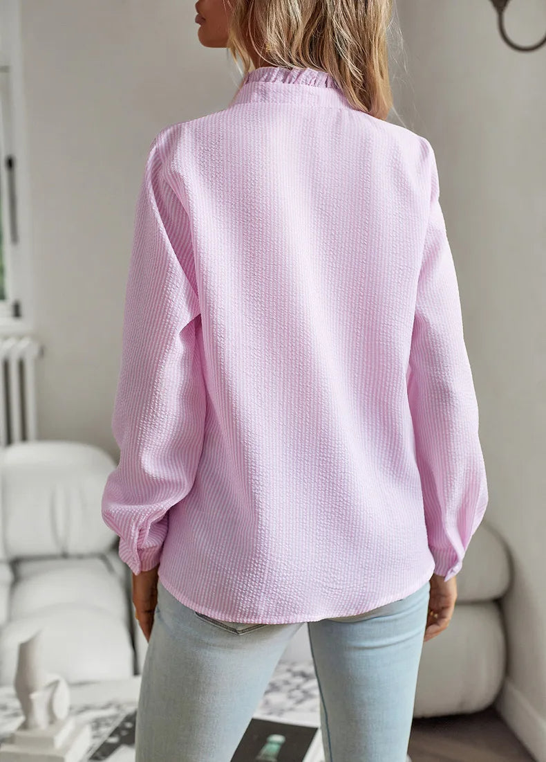 Women’s Ruffle-Trim Button Blouse – Textured Long-Sleeve Style for Office and Everyday Wear