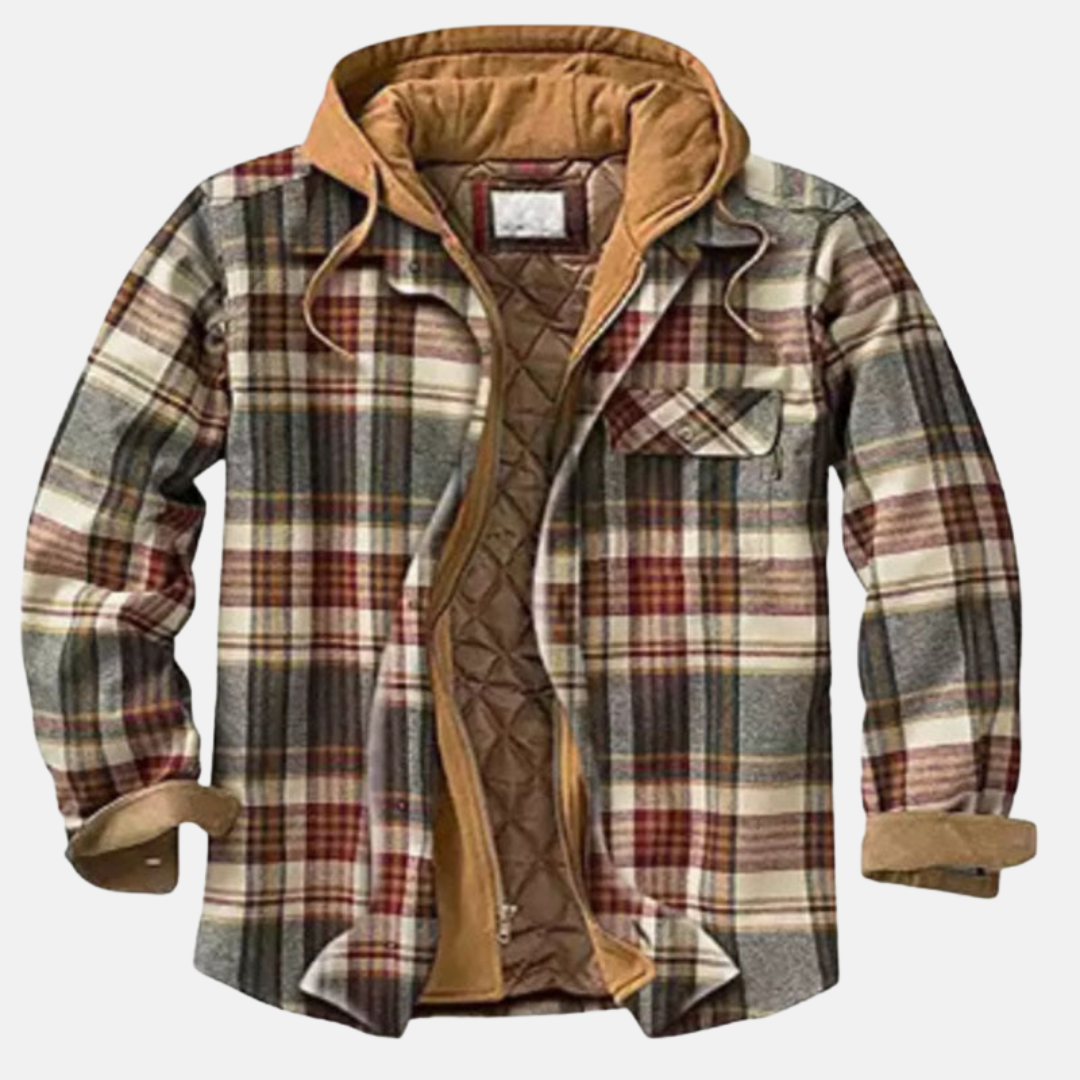 Men’s Warm Hooded Overshirt Jacket – Printed Quilted Layer for Outdoor Wear