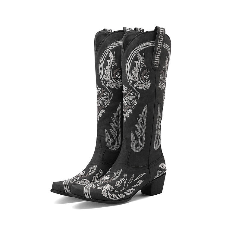 Women’s Embroidered Knee-High Cowboy Boots with Side Zips – Retro Western Style with Block Heels for Festivals and Weekend Outfits