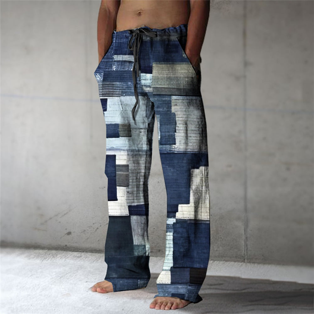 Men’s Patchwork Cotton-Linen Trousers – Relaxed Drawstring Pants for Casual Summer Wear