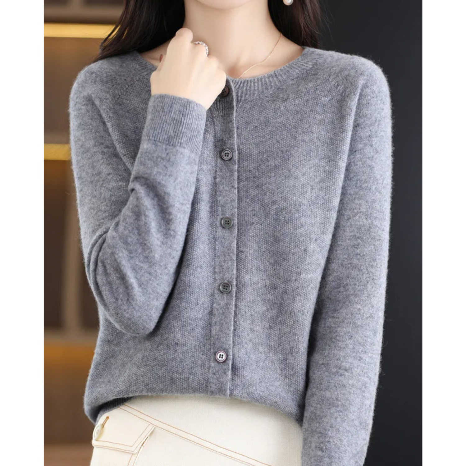 Luxury Merino Wool & Cashmere Cardigan for Women – Elegant O-Neck Winter Knit