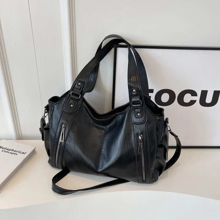 Borsa a spalla da donna con doppi manici e tracolla lunga - Tasche frontali con zip, ideale per tutti i giorni