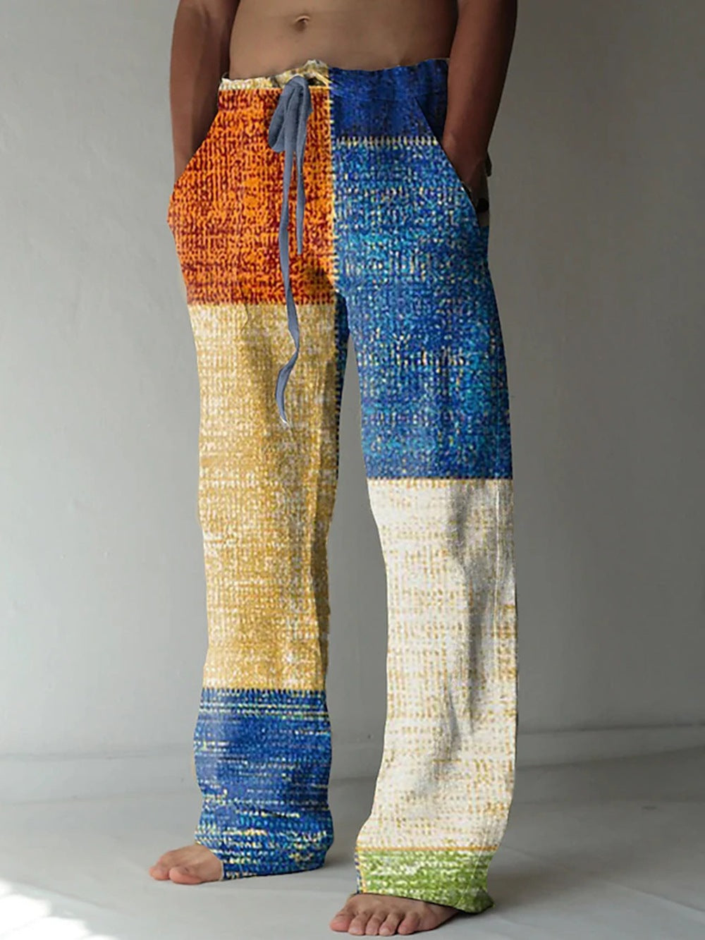 Men’s Patchwork Cotton-Linen Trousers – Relaxed Drawstring Pants for Casual Summer Wear