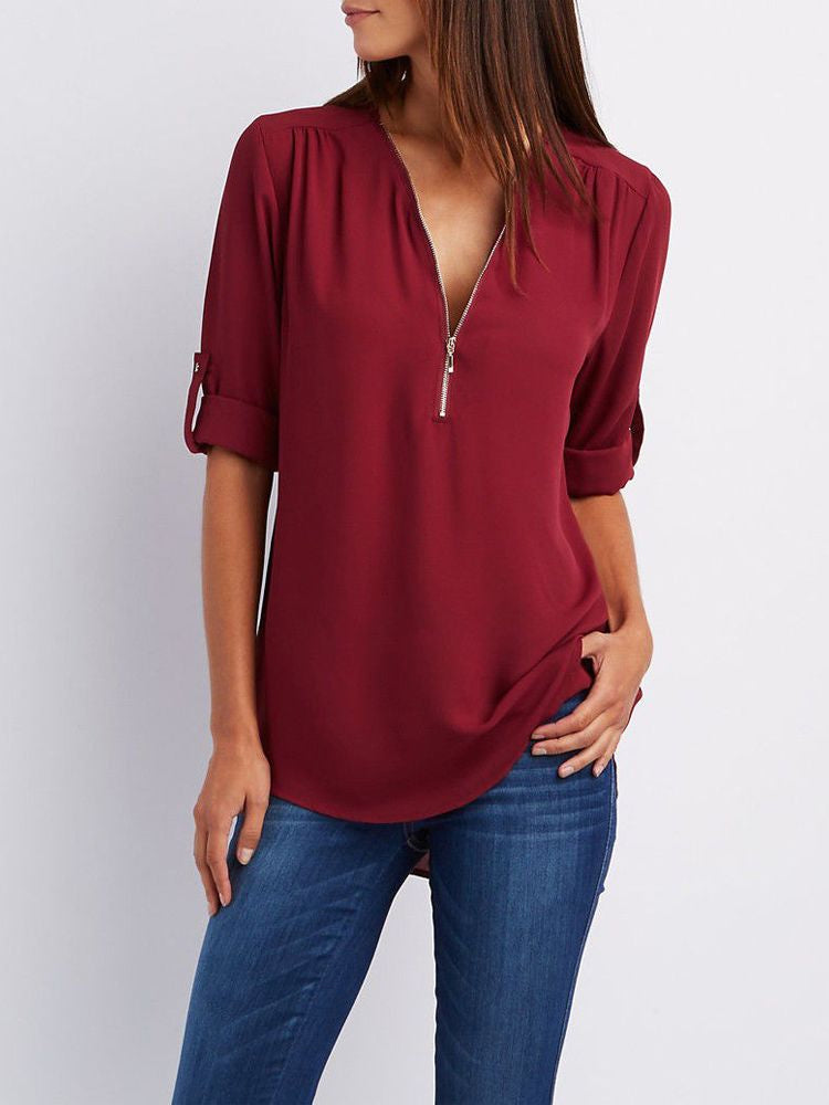 Women’s Zip-Neck Relaxed Blouse – Roll-Tab Sleeve Style for Everyday Wear