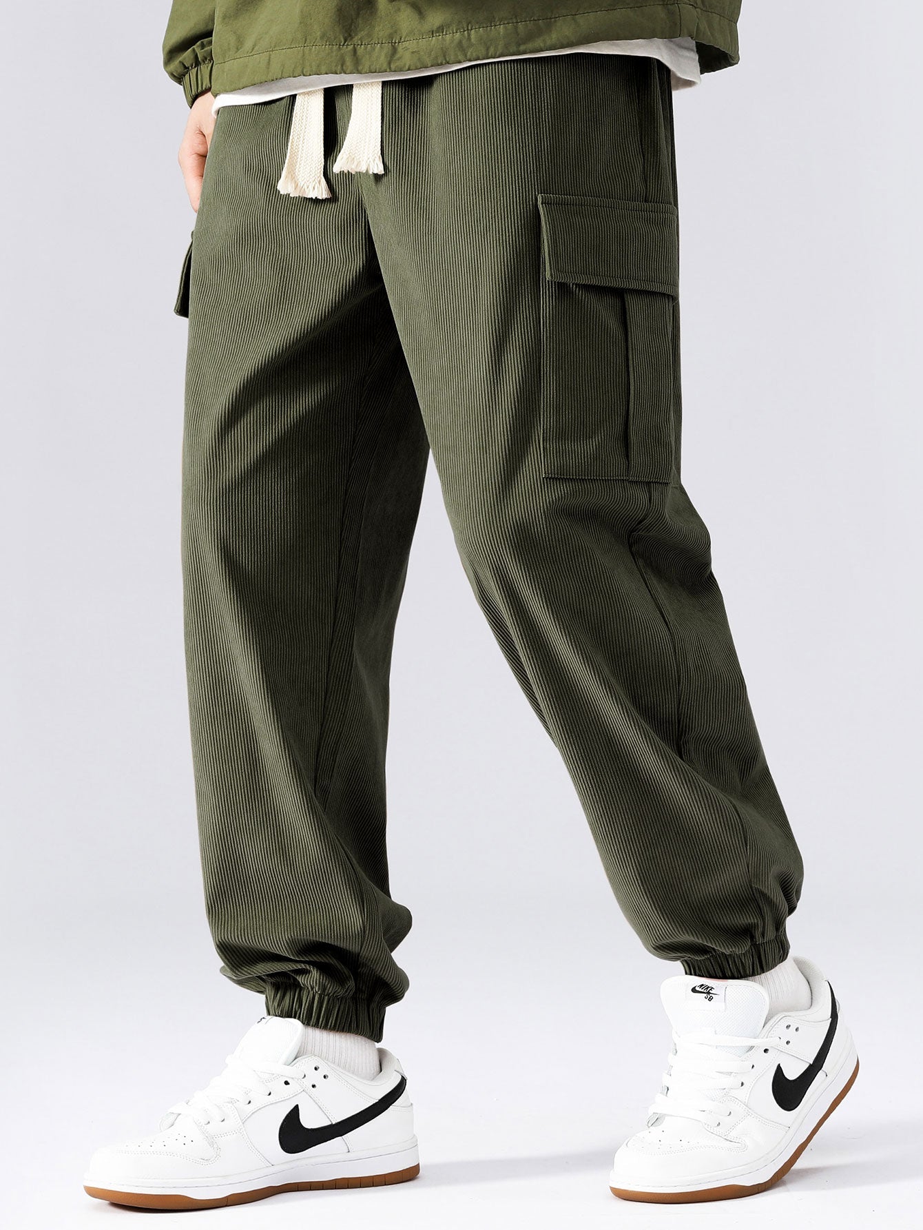 Men’s Corduroy Cargo Tracksuit – Patchwork Hoodie Set for Casual Utility Styling
