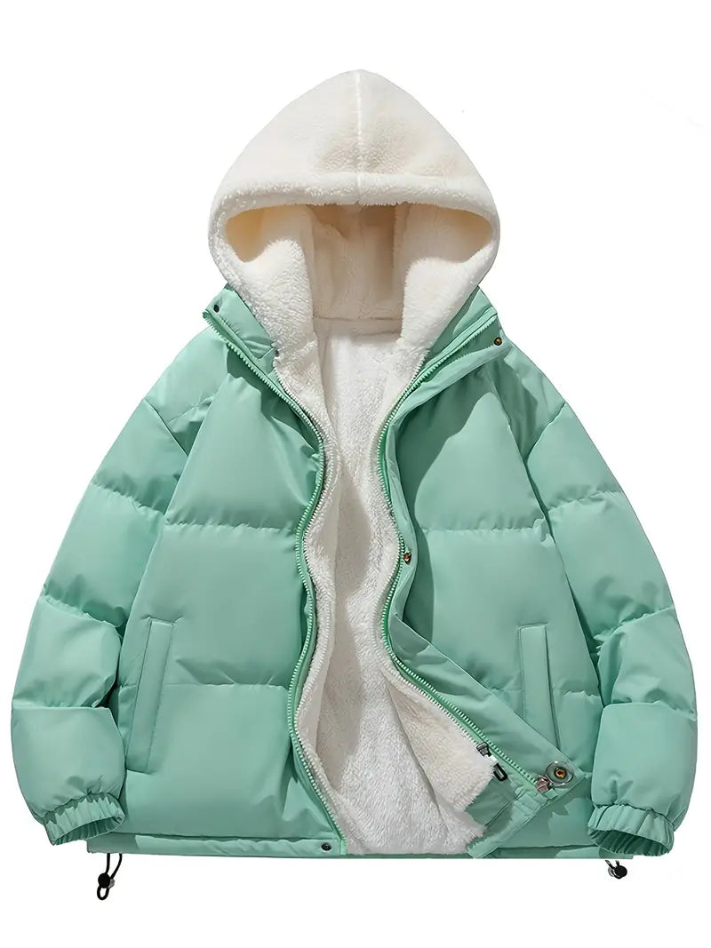 Women’s Sherpa-Lined Puffer Jacket – Cosy Hooded Winter Outerwear with Zip Front and Adjustable Hem