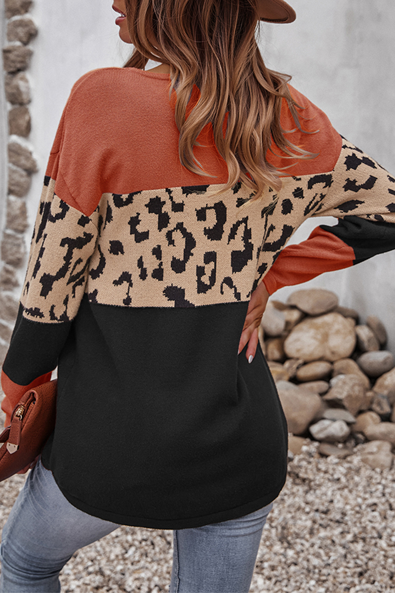 Women’s Leopard Colour-Block Knit Sweater – Relaxed Long-Sleeve Pullover for Stylish Winter Layering