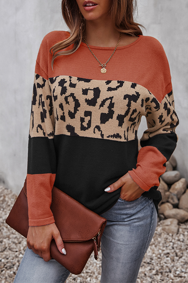 Women’s Leopard Colour-Block Knit Sweater – Relaxed Long-Sleeve Pullover for Stylish Winter Layering