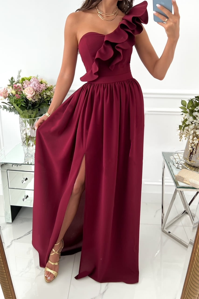 Women’s One Shoulder Ruffle Maxi Dress with Thigh Split – Defined Waist Gown for Weddings and Formal Evenings