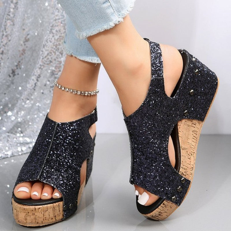 Women’s Glitter Wedge Sandals – Peep-Toe Cut-Out Platform Shoes with Slingback Strap for Summer Parties and Occasion Wear