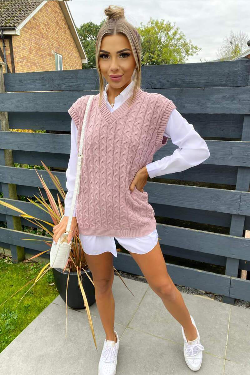 Women’s Cable Knit Vest and Shirt Two-Piece Set