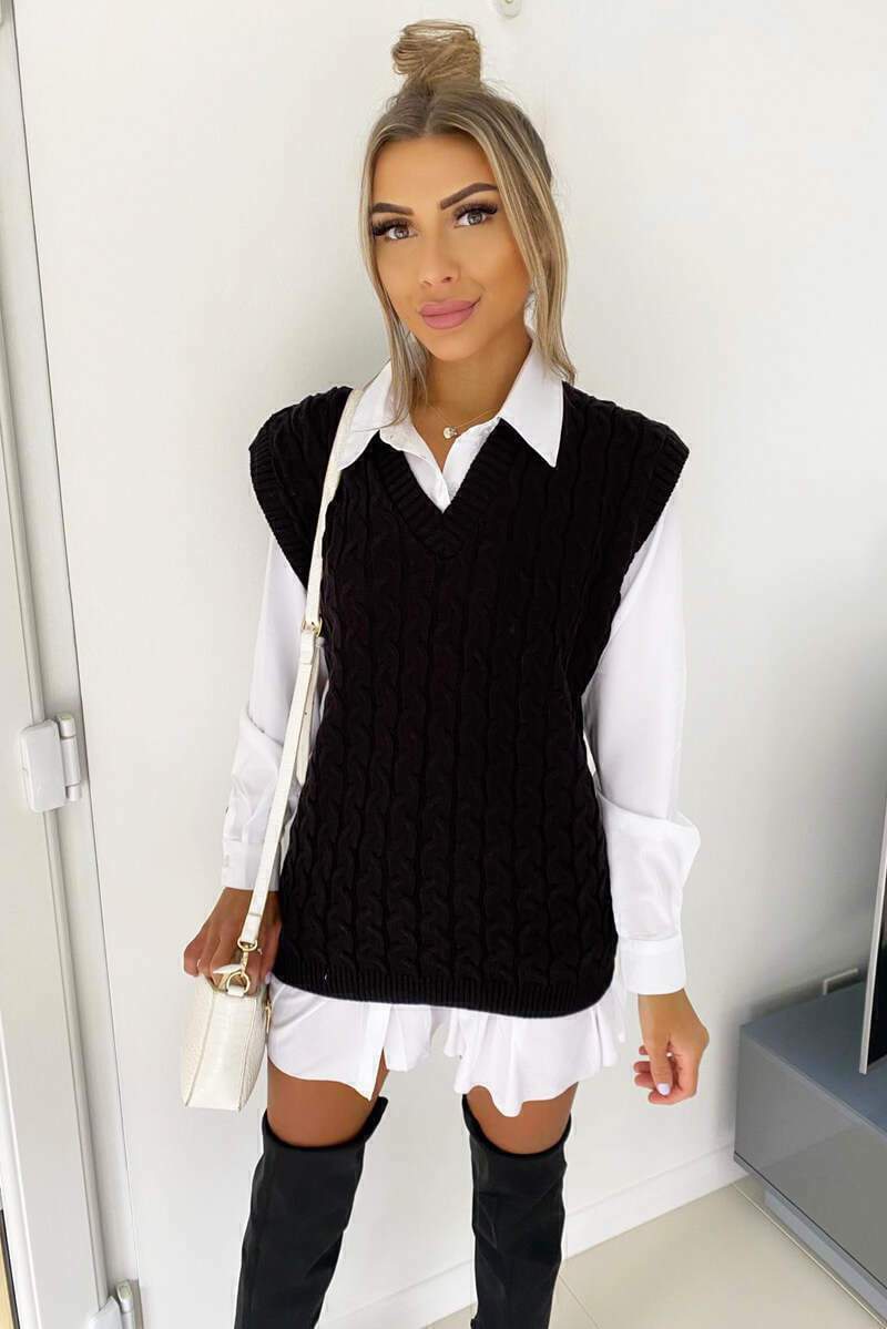 Women’s Cable Knit Vest and Shirt Two-Piece Set