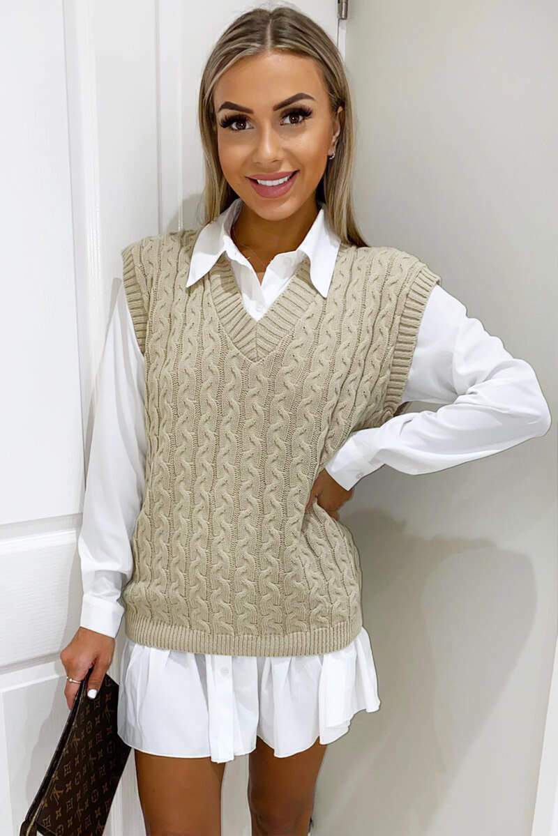 Women’s Cable Knit Vest and Shirt Two-Piece Set