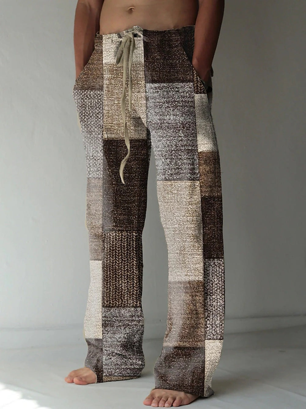 Men’s Patchwork Cotton-Linen Trousers – Relaxed Drawstring Pants for Casual Summer Wear
