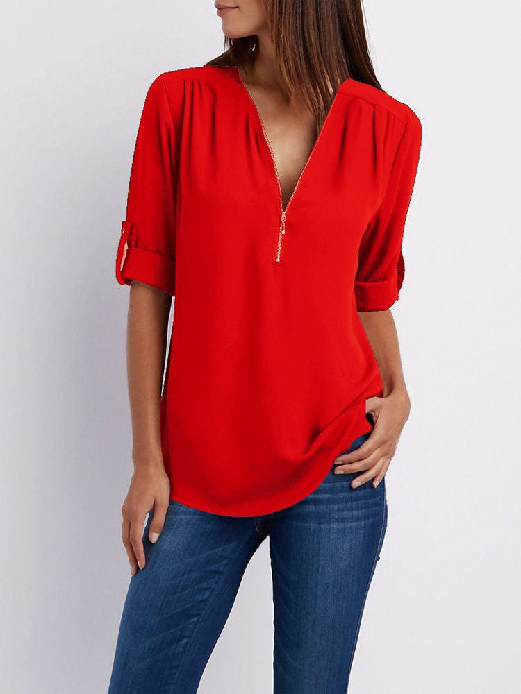 Women’s Zip-Neck Relaxed Blouse – Roll-Tab Sleeve Style for Everyday Wear
