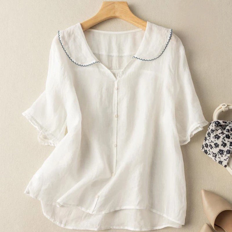 Women’s Peter Pan Collar Blouse – Short Sleeve Button-Front Top for Everyday Wear