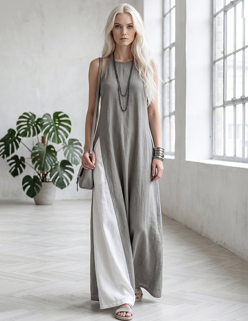 Vestido Maxi de Linho e Algodão para Mulher com Blocos de Cor