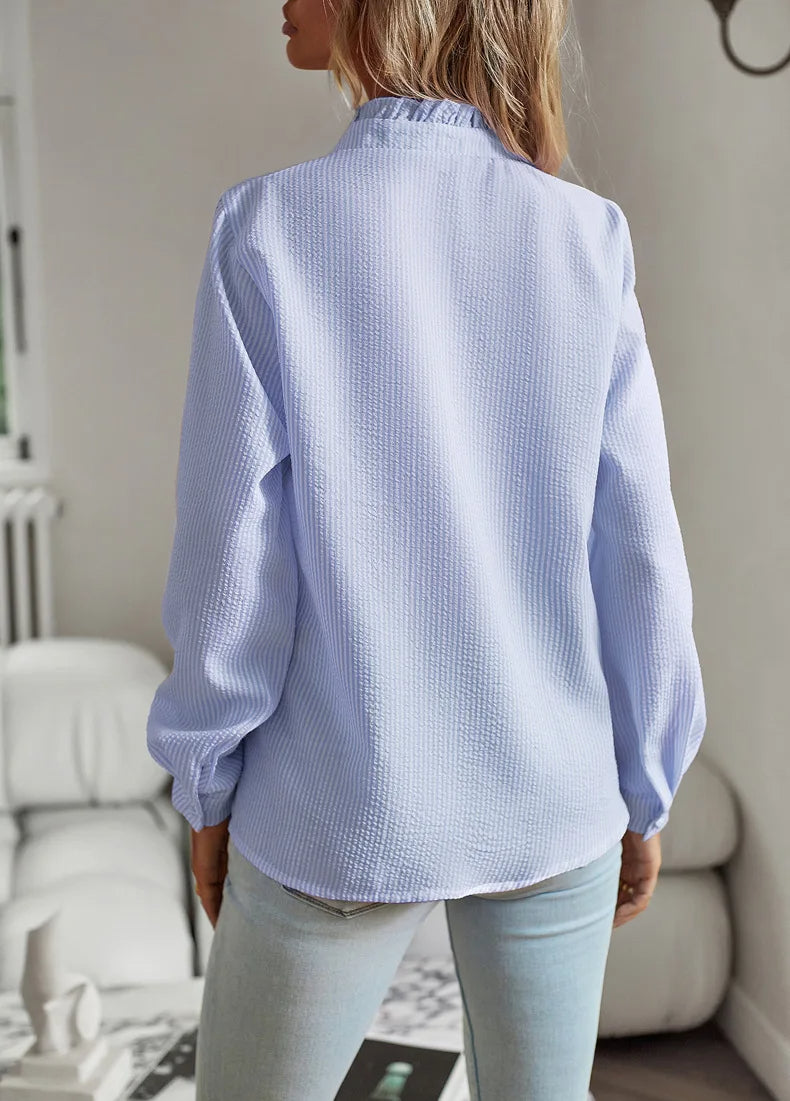 Women’s Ruffle-Trim Button Blouse – Textured Long-Sleeve Style for Office and Everyday Wear