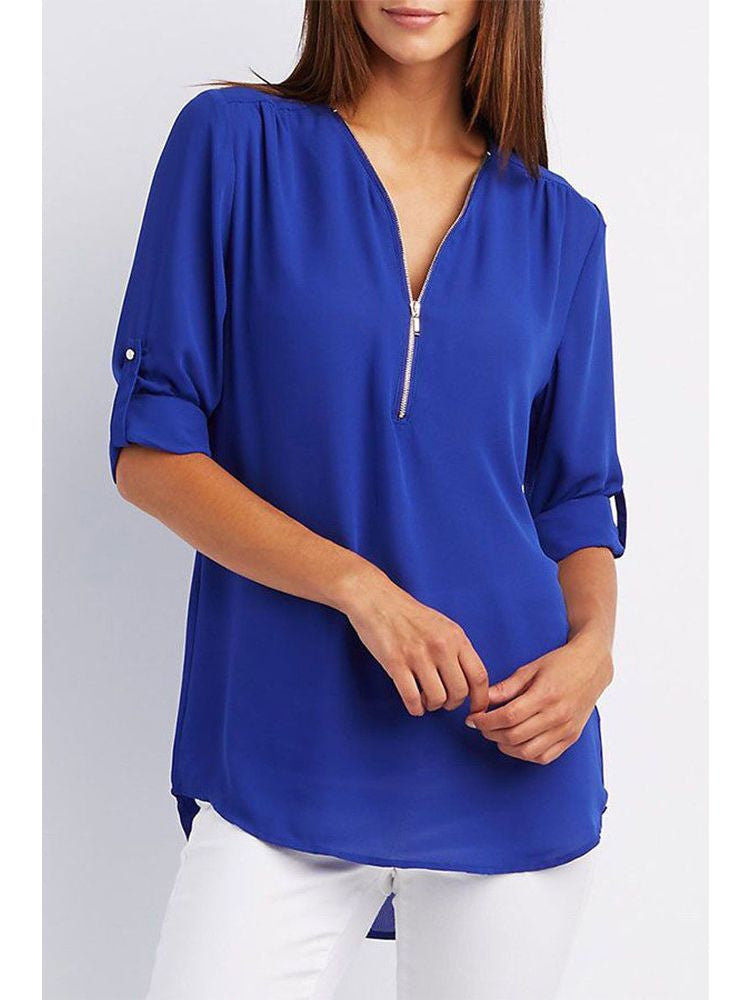 Women’s Zip-Neck Relaxed Blouse – Roll-Tab Sleeve Style for Everyday Wear