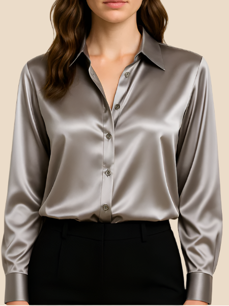 Damessatijnen shirt met knoopsluiting aan de voorkant en klassieke kraag - soepel vallend en met lange mouwen voor werk en avondkleding