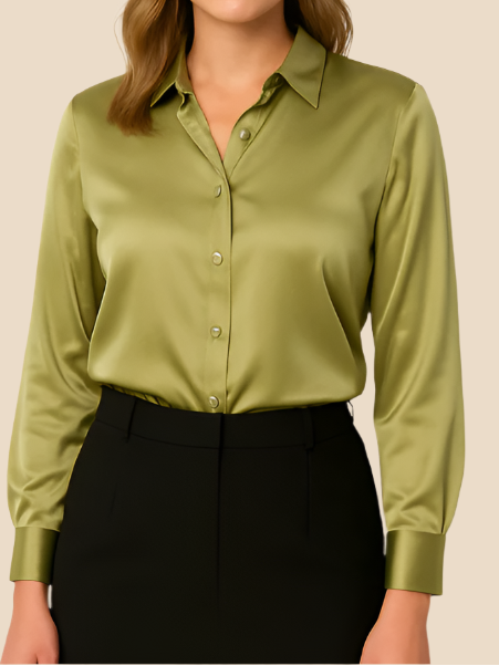 Damessatijnen shirt met knoopsluiting aan de voorkant en klassieke kraag - soepel vallend en met lange mouwen voor werk en avondkleding