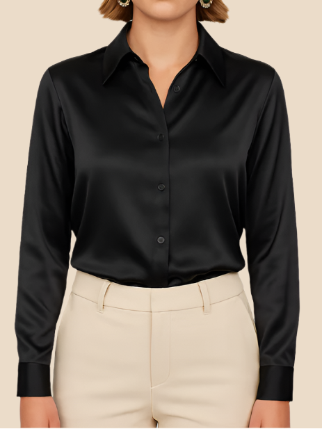 Damessatijnen shirt met knoopsluiting aan de voorkant en klassieke kraag - soepel vallend en met lange mouwen voor werk en avondkleding