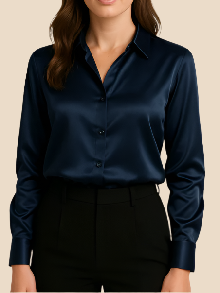 Damessatijnen shirt met knoopsluiting aan de voorkant en klassieke kraag - soepel vallend en met lange mouwen voor werk en avondkleding