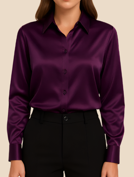 Damessatijnen shirt met knoopsluiting aan de voorkant en klassieke kraag - soepel vallend en met lange mouwen voor werk en avondkleding