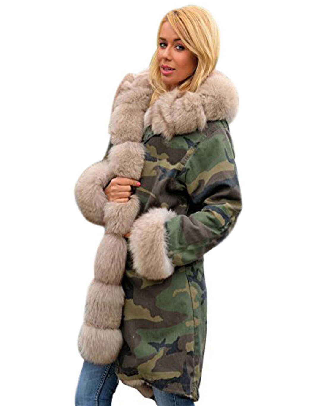 Women’s Longline Camouflage Parka with Oversized Faux Fur Hood and Cuffs – Warm Lined Winter Coat with Statement Front Trim