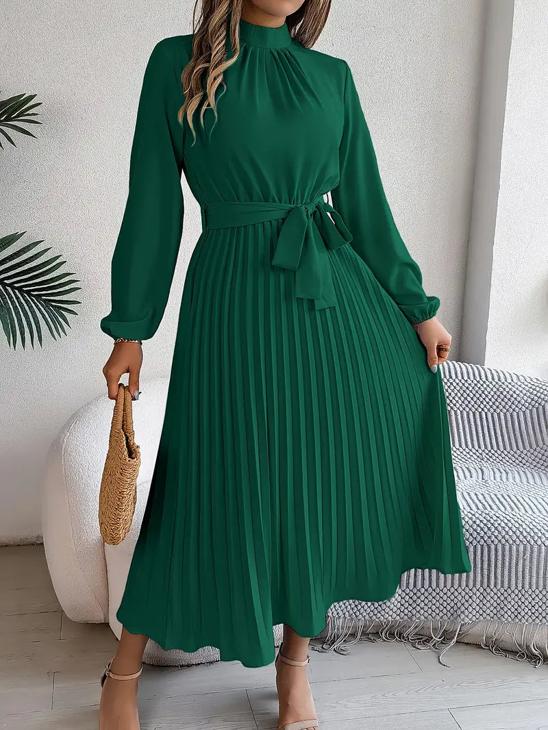 Women’s Pleated Midi Dress with High Neck Tie Waist