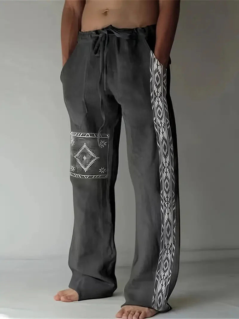Men’s Patchwork Cotton-Linen Trousers – Relaxed Drawstring Pants for Casual Summer Wear