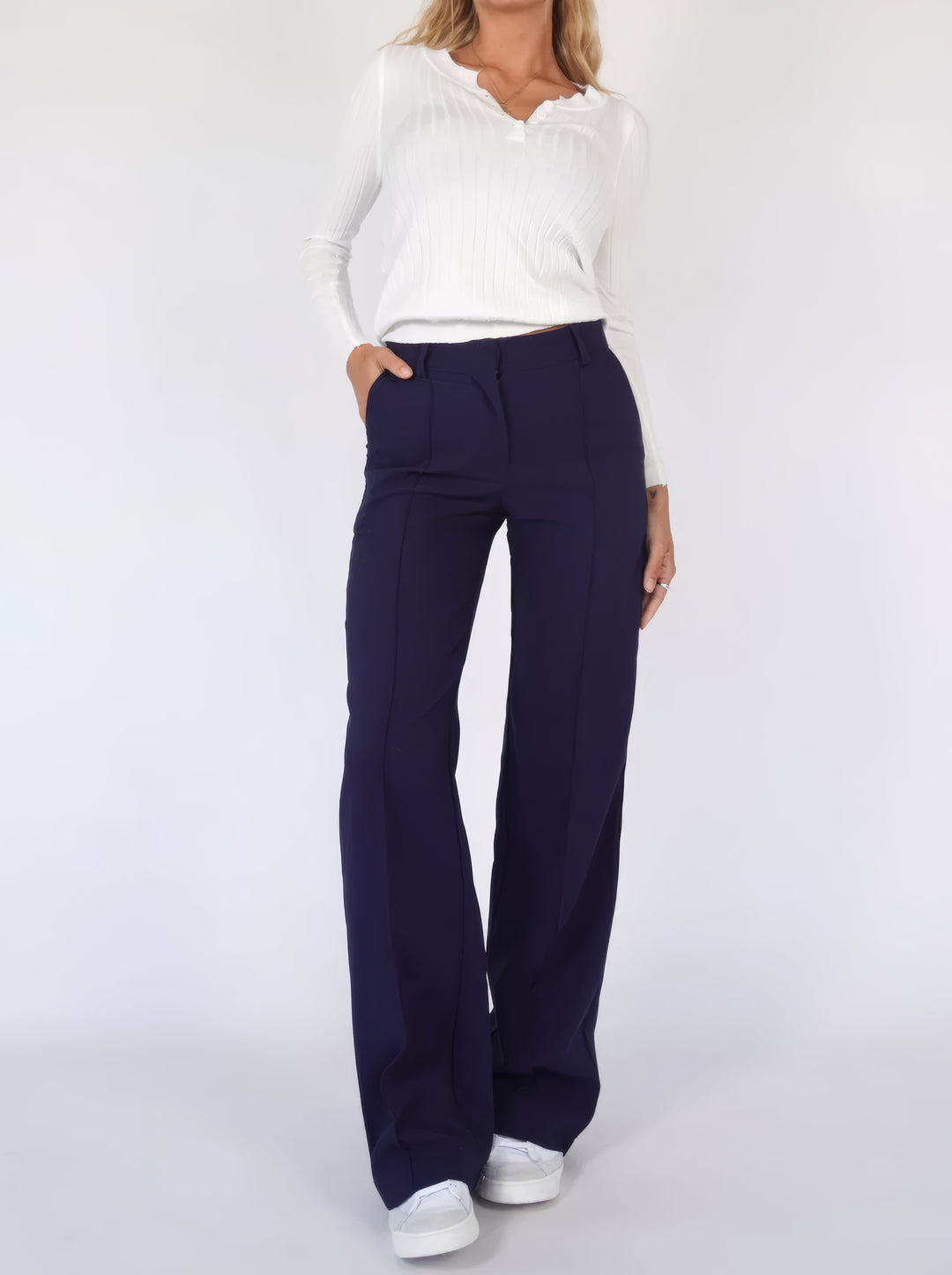 Pantaloni sartoriali da donna a vita alta e gamba larga - modello lungo e leggero con cuciture frontali per ufficio, look smart casual, viaggi e uso quotidiano