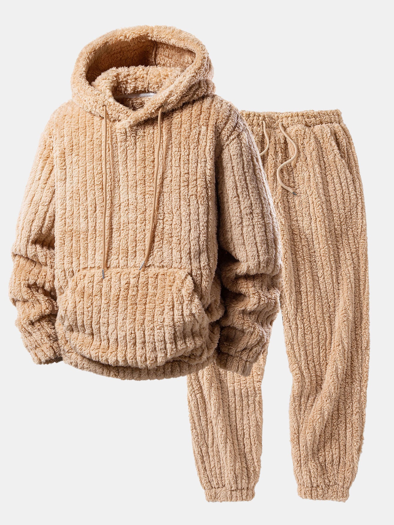 Men’s Winter Teddy Co-Ord Tracksuit – Ribbed Pullover Hoodie with Matching Joggers