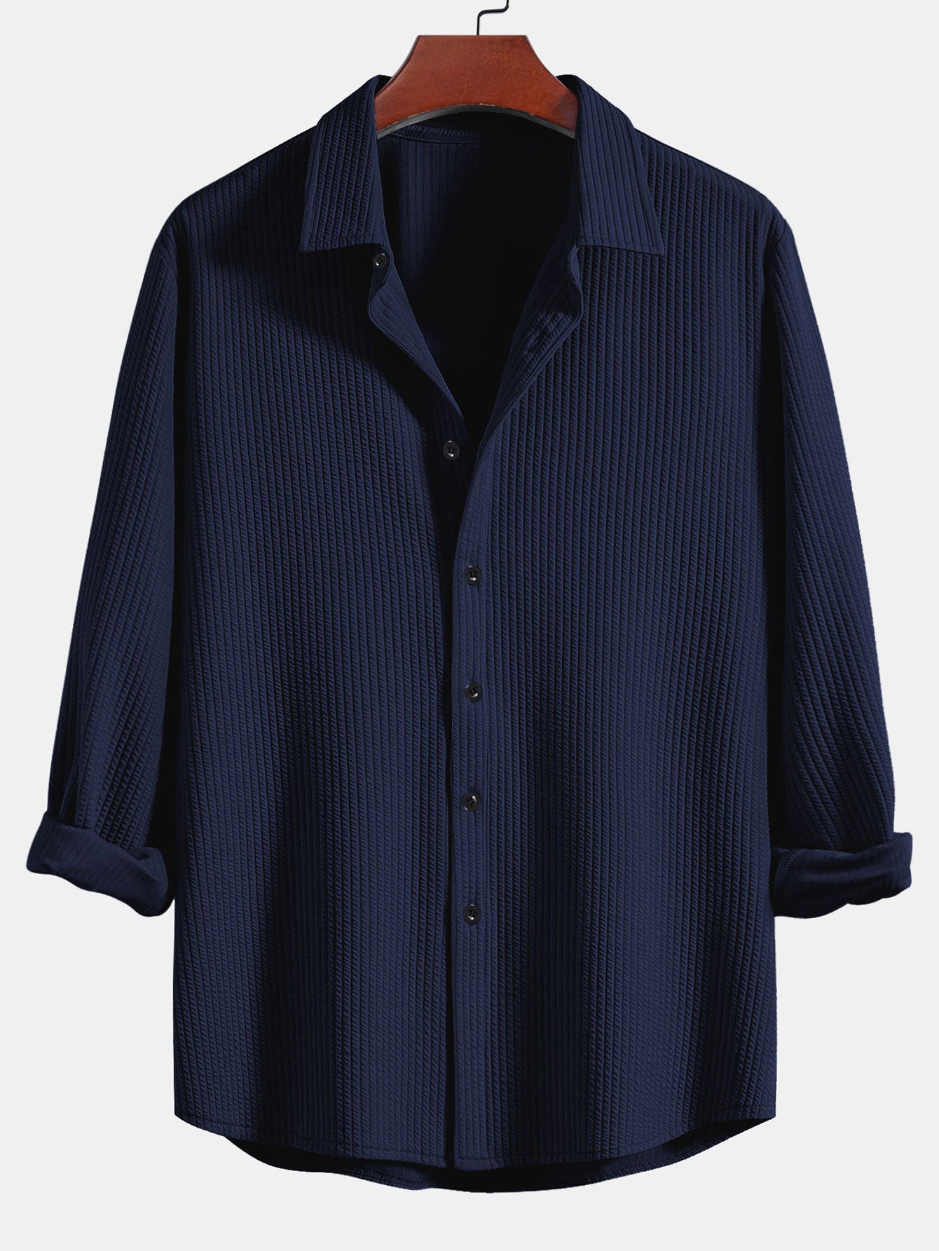Men’s Muscle-Fit Ribbed Button Shirt – Stretch Textured Smart Casual Top
