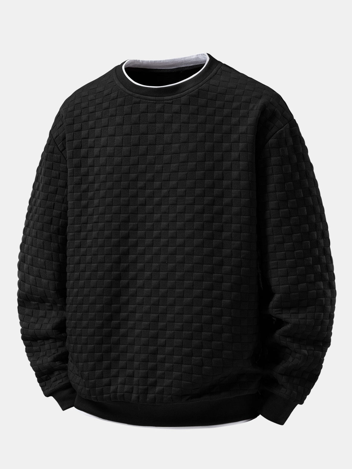 Sweatshirt til mænd i jacquard med hævet skakternet mønster – afslappet pasform, tekstureret rund hals, pullover med lagdelt halsudskæring og ribkanter