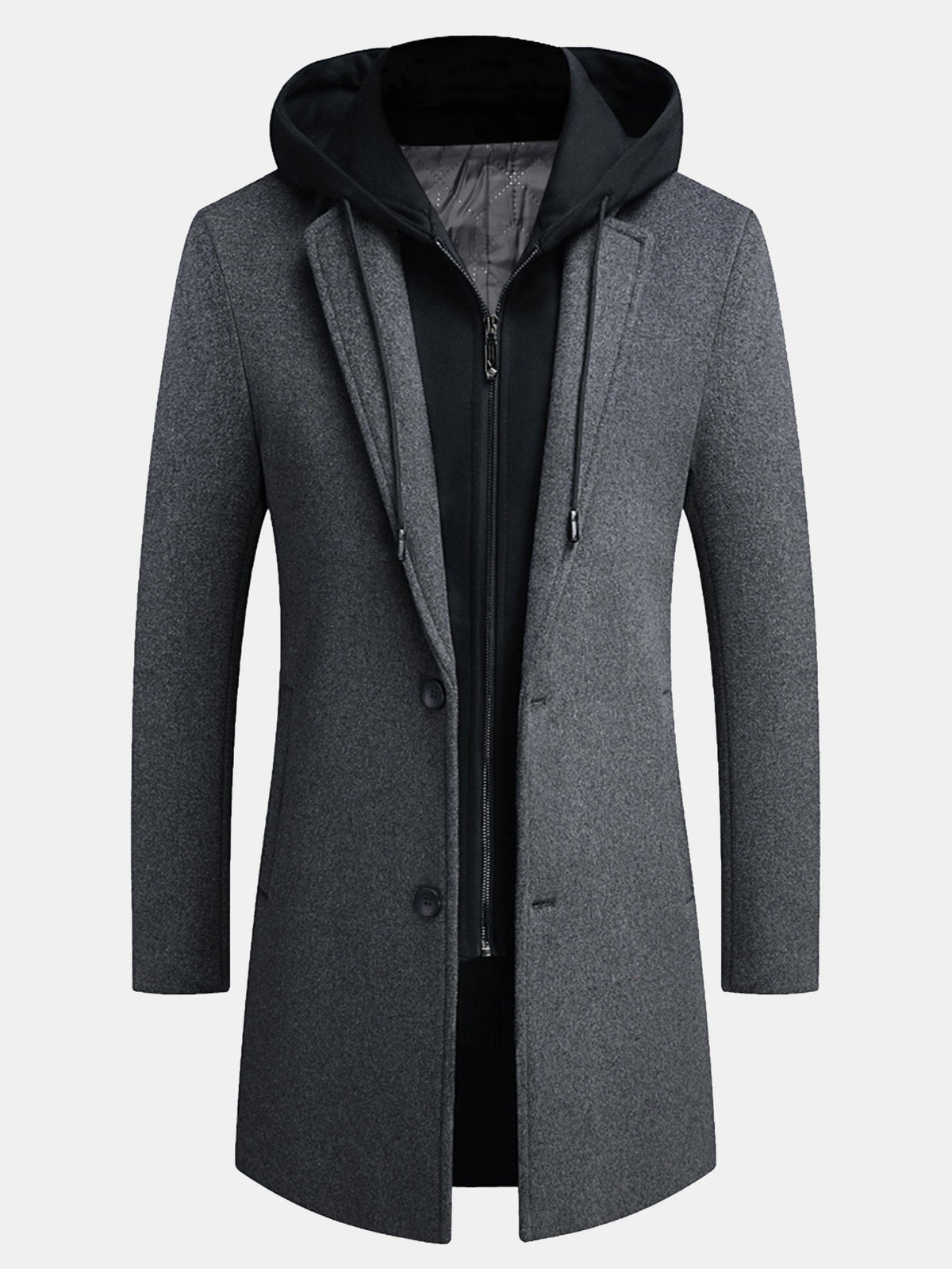 Abrigo largo con capucha de mezcla de lana para hombre - Abrigo de invierno entallado con capucha desmontable y capa con cremallera