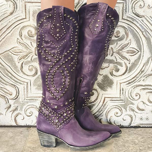 Women’s Studded Western Cowboy Boots – Statement Block Heel Festival Style