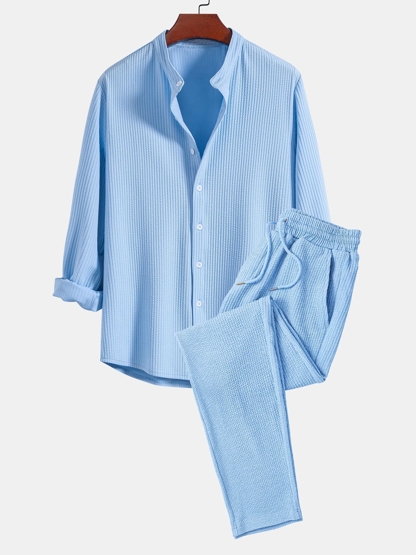 Men’s Ribbed Stand Collar Shirt and Straight-Leg Trousers – Stretch Smart Casual Co-Ord