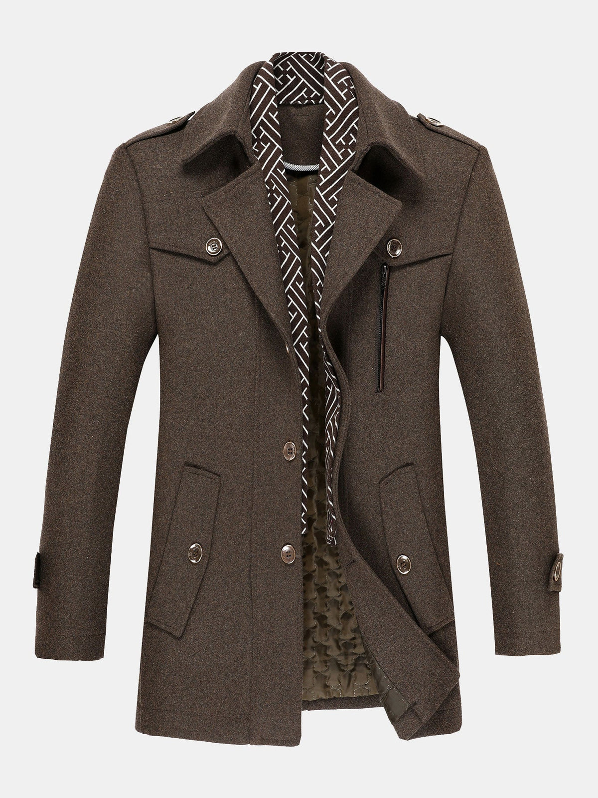 Abrigo acolchado de mezcla de lana para hombre con cuello de bufanda desmontable - Abrigo de invierno entallado de doble capa para vestir elegante e informal