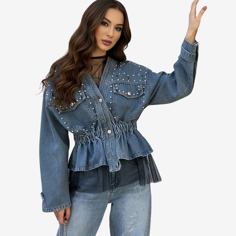 Damesjas van denim met studs, knoopsluiting aan de voorkant en peplummodel met gerimpelde taille – Elegante casual jas voor lente en herfst