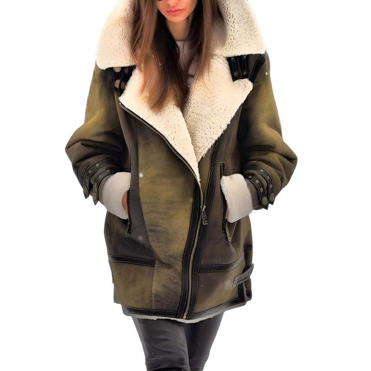Women's Oversized Faux Shearling Aviator Winter Jacket with Plush Fur Lining and Wide Lapel Collar – Warm Leather Look Zip-Up Biker Outerwear with Relaxed Fit for Autumn and Winter Casual City Wear