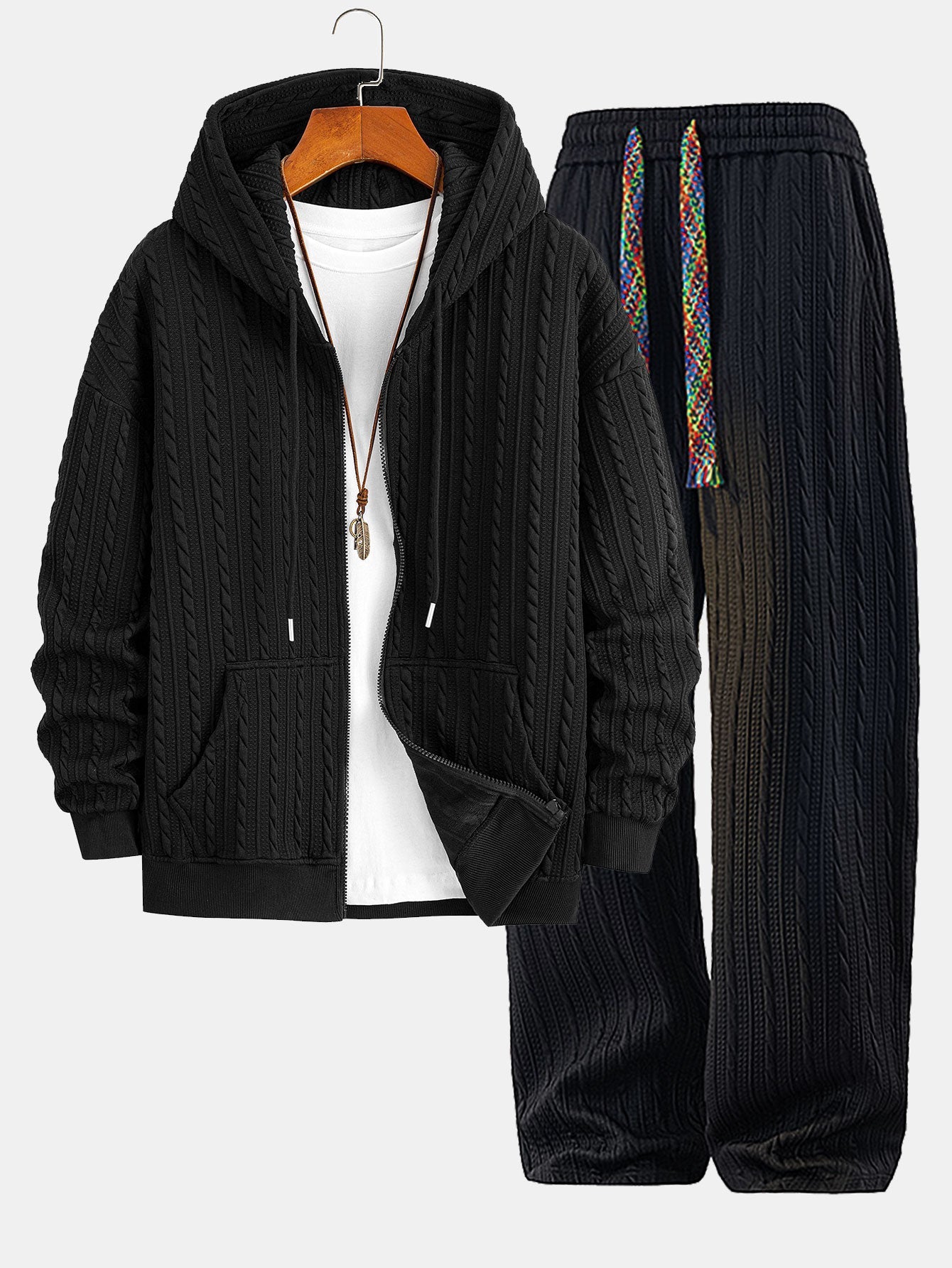Men’s Textured Zip Hoodie Tracksuit – Jacquard Straight-Leg Set for Cold-Weather Casual Wear