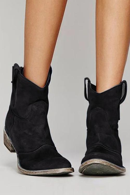 Damskie zamszowe botki kowbojskie za kostkę – vintage’owe buty na niskim obcasie, na jesienne podróże, weekendowe wyjścia, casualowe miejskie stylizacje i codzienne zestawy w stylu western