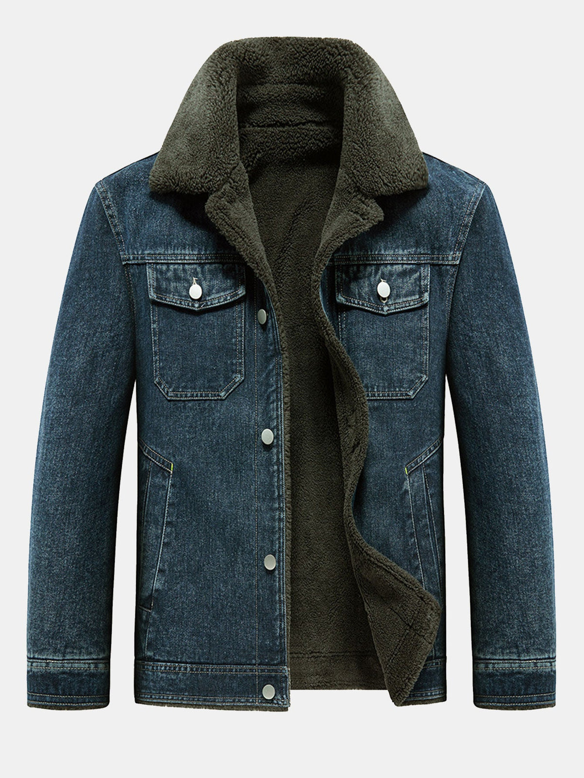 Veste en jean pour homme doublée de borg – Veste d’hiver vintage délavée à boutons, avec col en sherpa et poches utilitaires