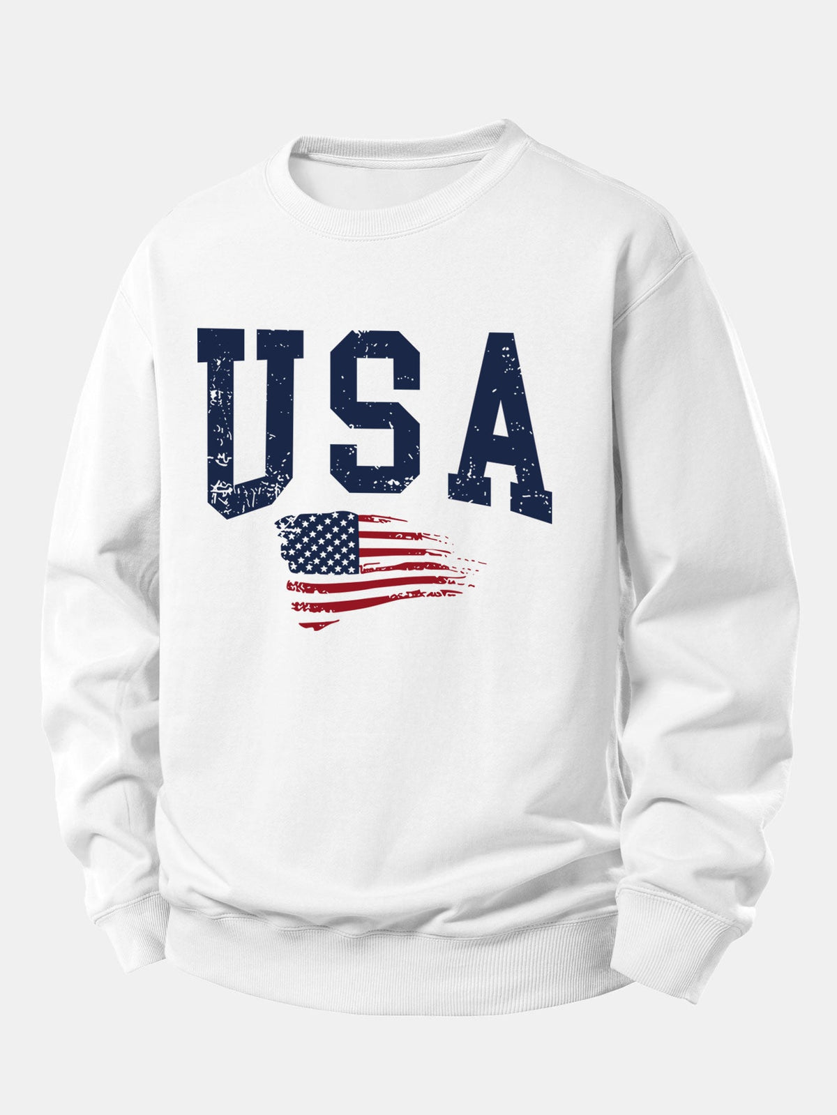 Pánska mikina s grafikou vintage vlajky USA – voľný pulóver s okrúhlym výstrihom zo zmesi bavlny a obnosenou vlasteneckou potlačou