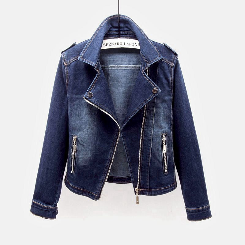 Dames bikerjakke i denim – kort motojakke med lynlåslukning og reverskrave til afslappet hverdagsbrug