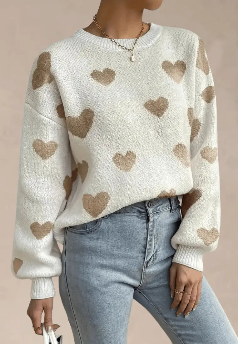 Pulover tricotat de damă cu model cu inimioare - tricot lejer cu decolteu rotund, mâneci lungi și margini reiate, pentru toamnă și iarnă