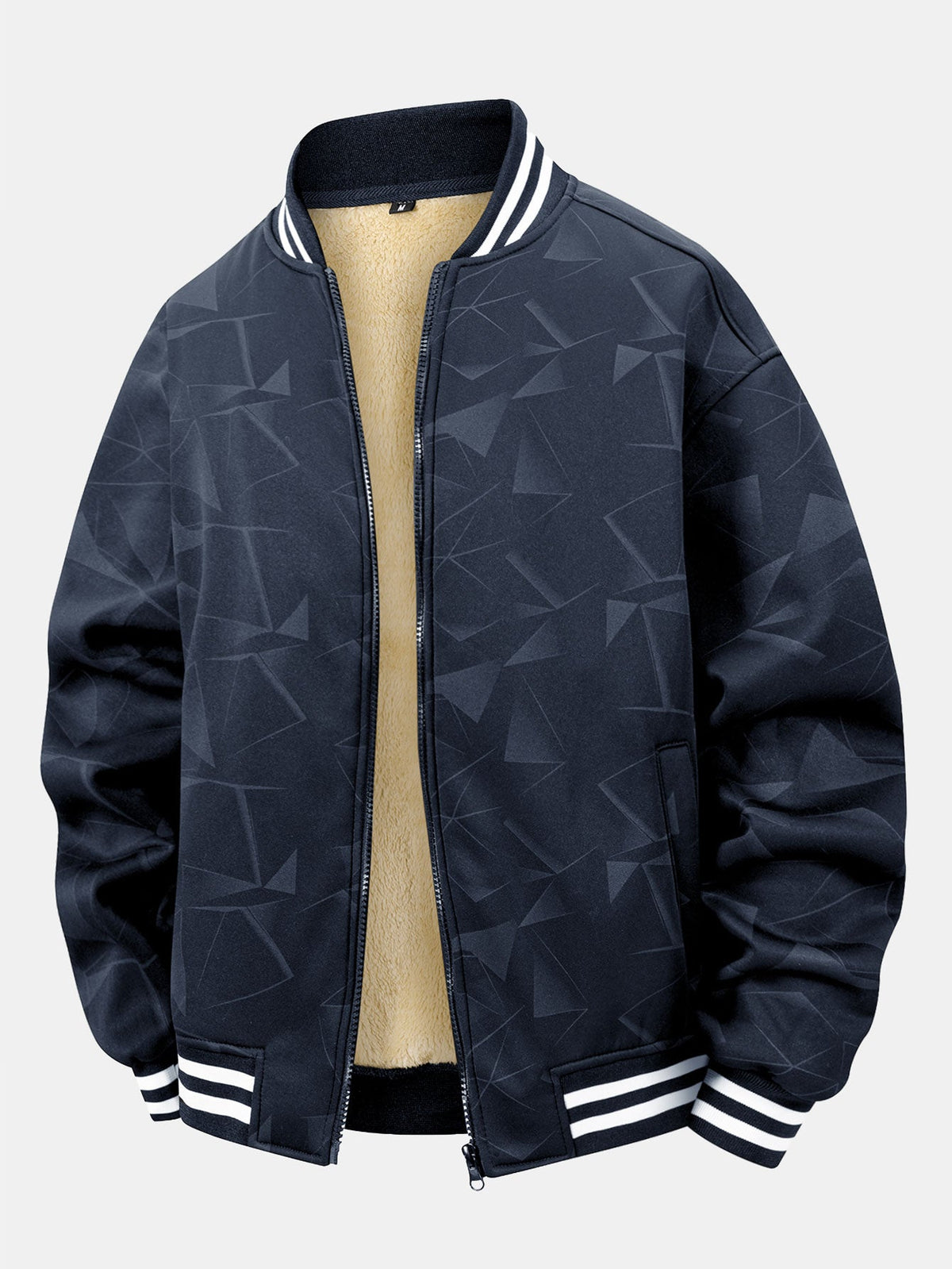 Men’s Teddy Fleece Lined Varsity Bomber Jacket – Warm Printed Zip-Up Baseball Jacket for Autumn and Winter