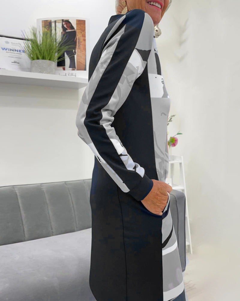 Women’s Printed Zip-Neck Midi Dress – Long-Sleeve Everyday Style for Work Casual Outings and Transitional Season Wear