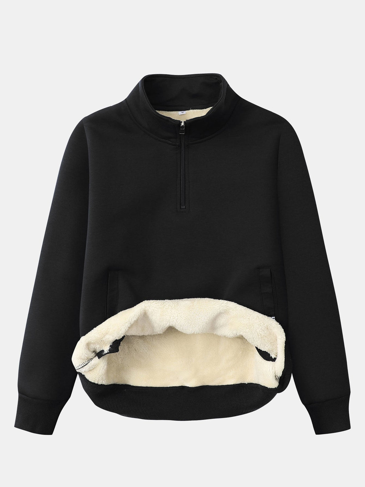 Heren-sweatshirt met teddyfleecevoering en kwartrits – warme pullover van katoenmix met opstaande kraag en zijzakken, voor herfst en winter